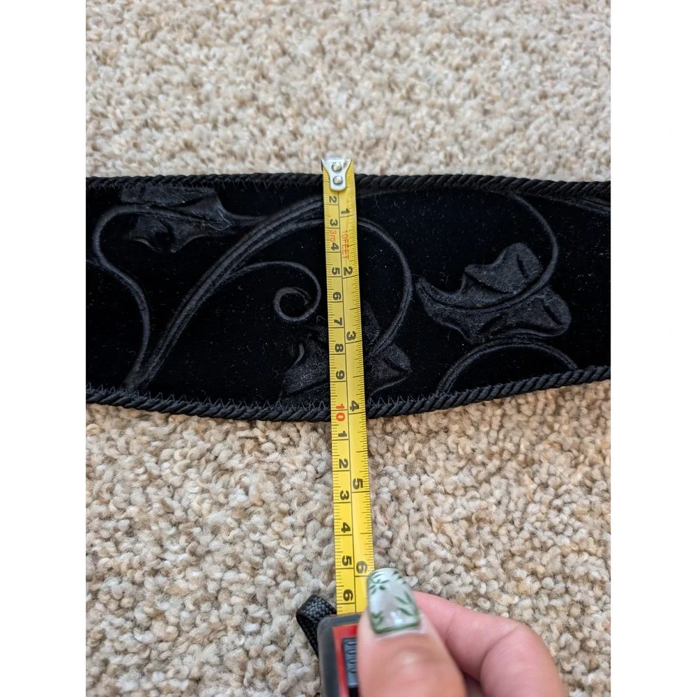 Leather Shop Vintage Black Velvet Floral Ivy Cinch Waist Belt Made in USA Large